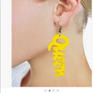 Yellow wooden queen earrings